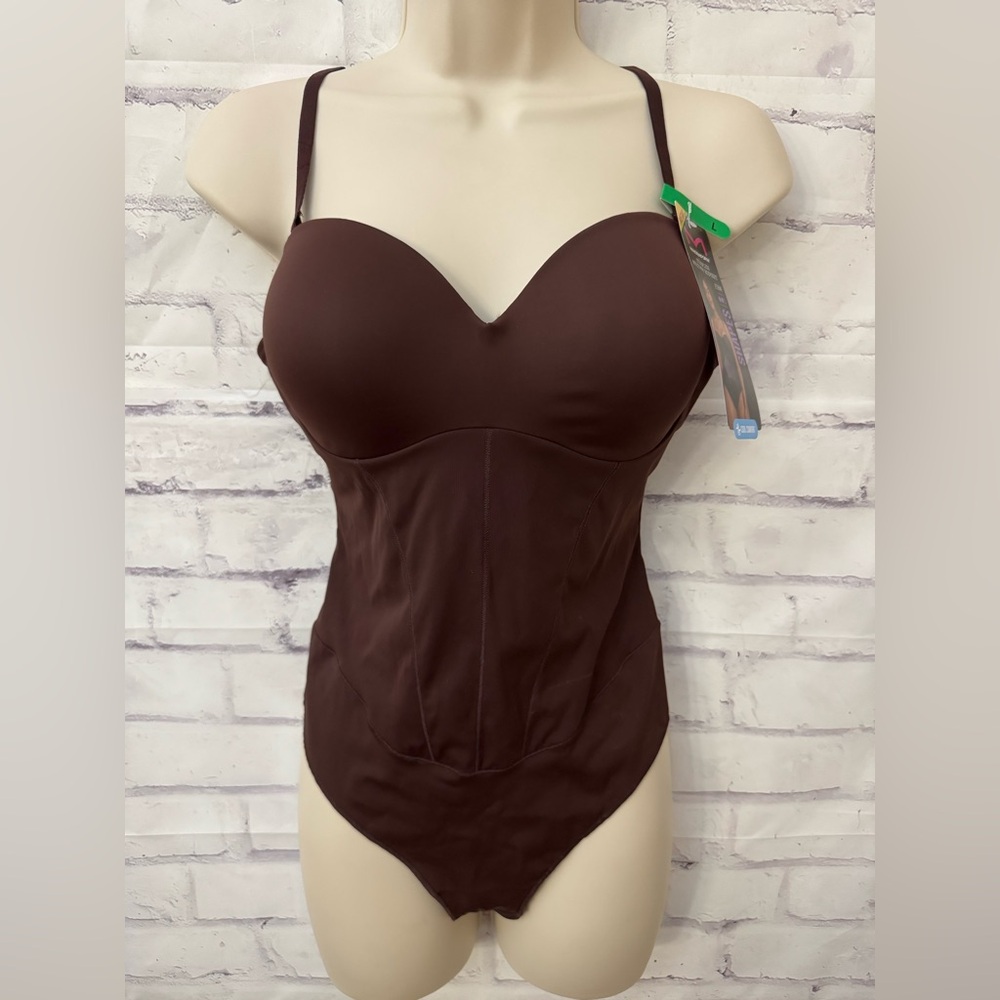 Maidenform Large Firm‎ Control Tummy Shaping Multiway Thong Bodysuit Brown New